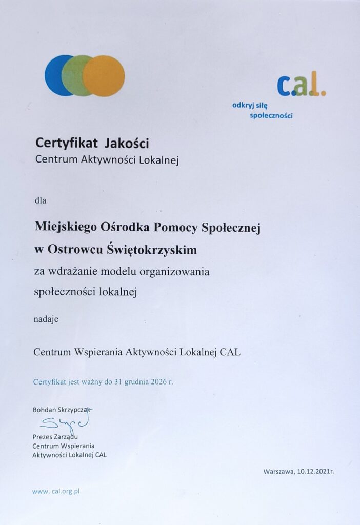 Certyfikat jakości Centrum Aktywności Lokalnej z 2021 roku