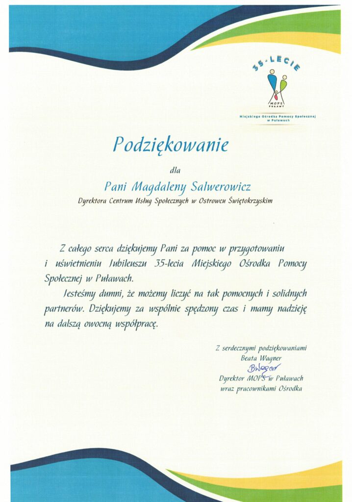 Podziękowanie dla Magdaleny Salwerowicz