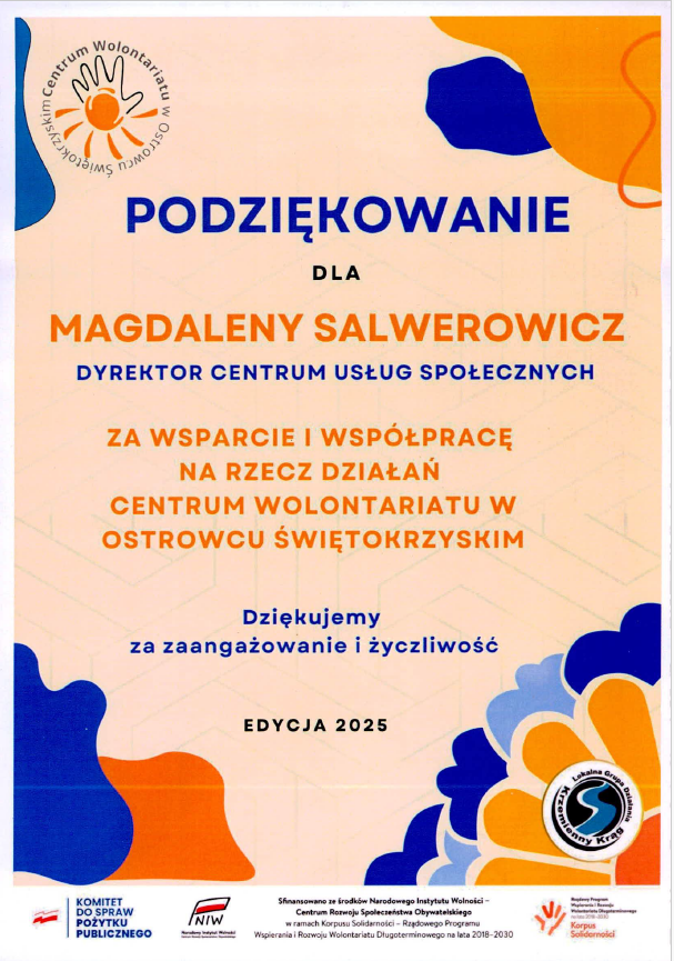 Dyplom z podziekowaniami od Centrum Wolontariatu dla Magdaleny Salwerowicz