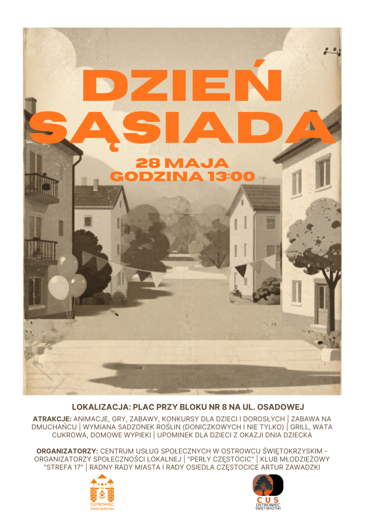 Plakat w kolorach sepii dotyczący Dnia Sąsiada.