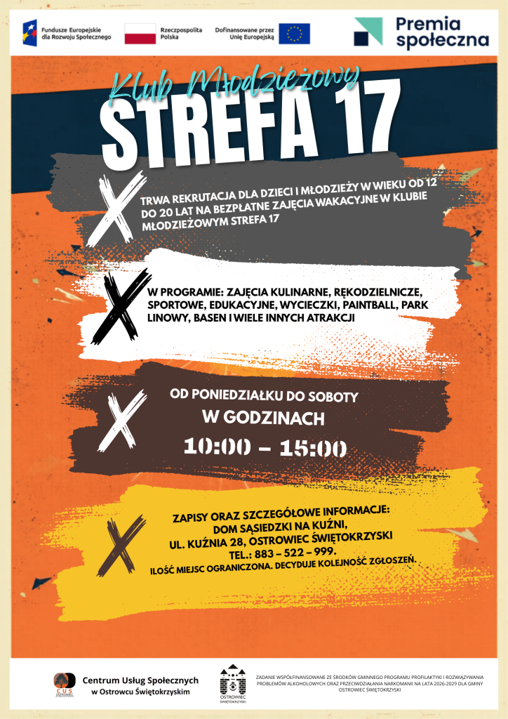 Plakat Klubu Młodzieżowego z informacjami o wakacyjnych zajęciach.